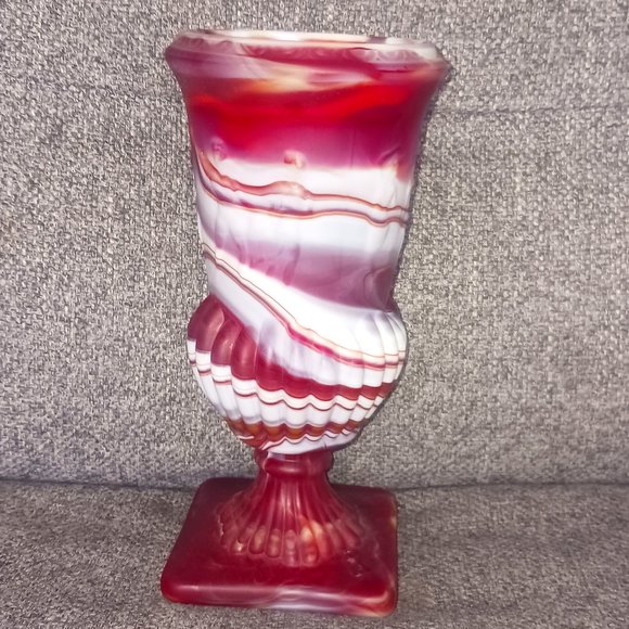 Other - Vintage Orange Red Agate Tall Vase with Engraved Figures